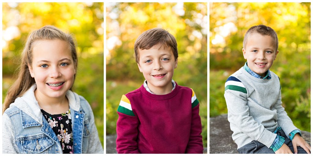 Portraits of children with yellow fall leaves in the background
