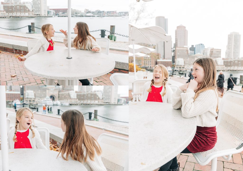 Two sisters pretend to have a tea party in Boston