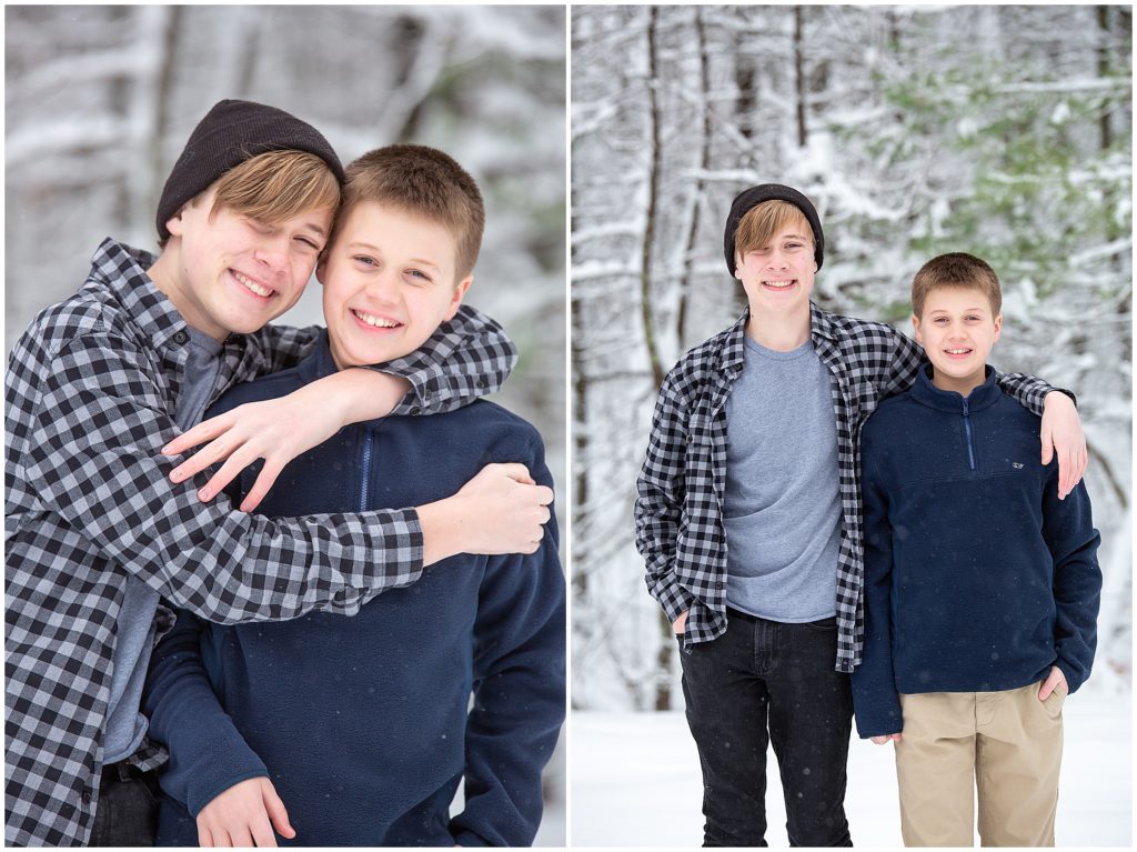 Brothers hug outside in winter