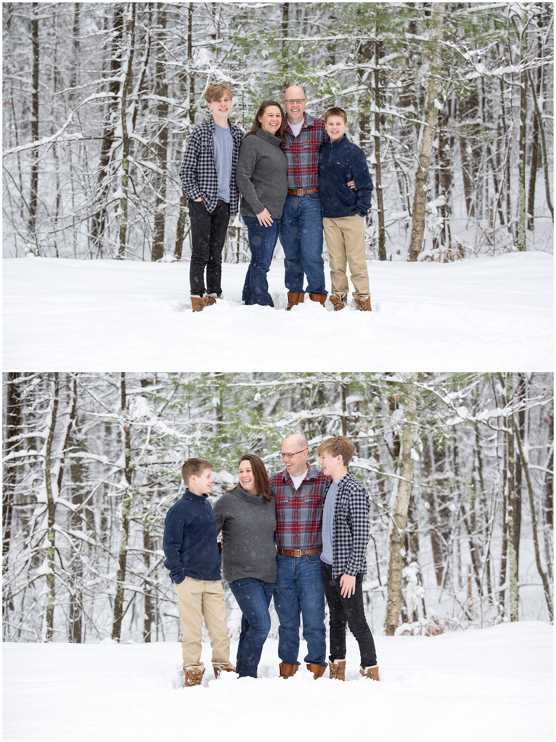 Family poses in the snow