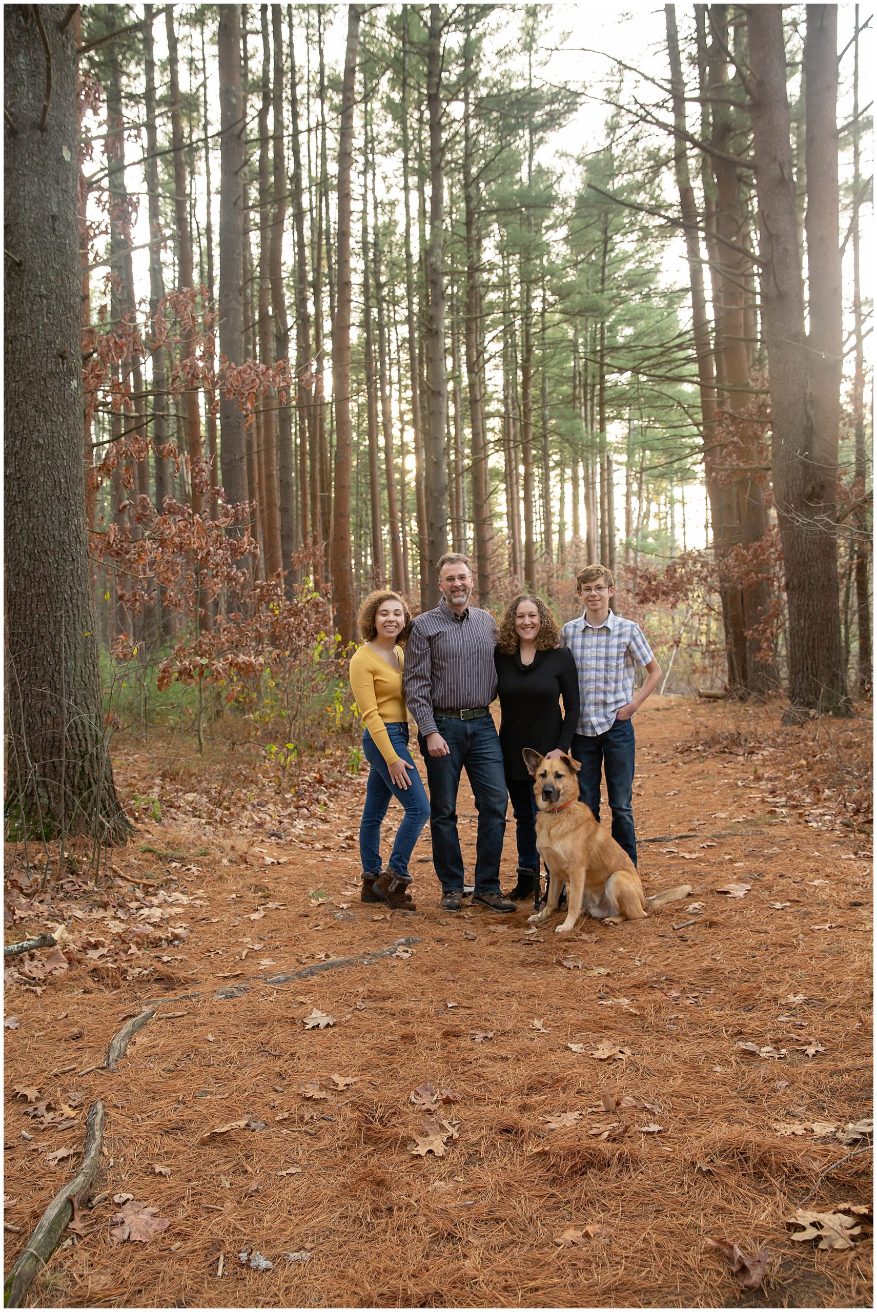 A family poses in the woods with their dogs