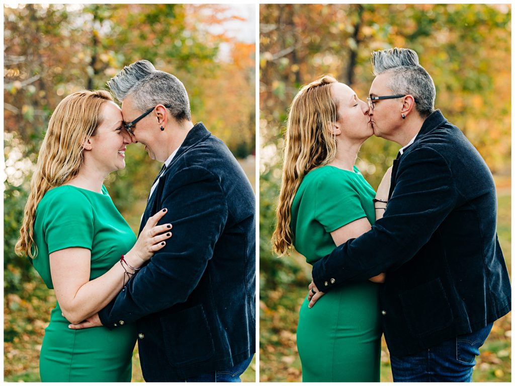 Two women kiss at engagement session