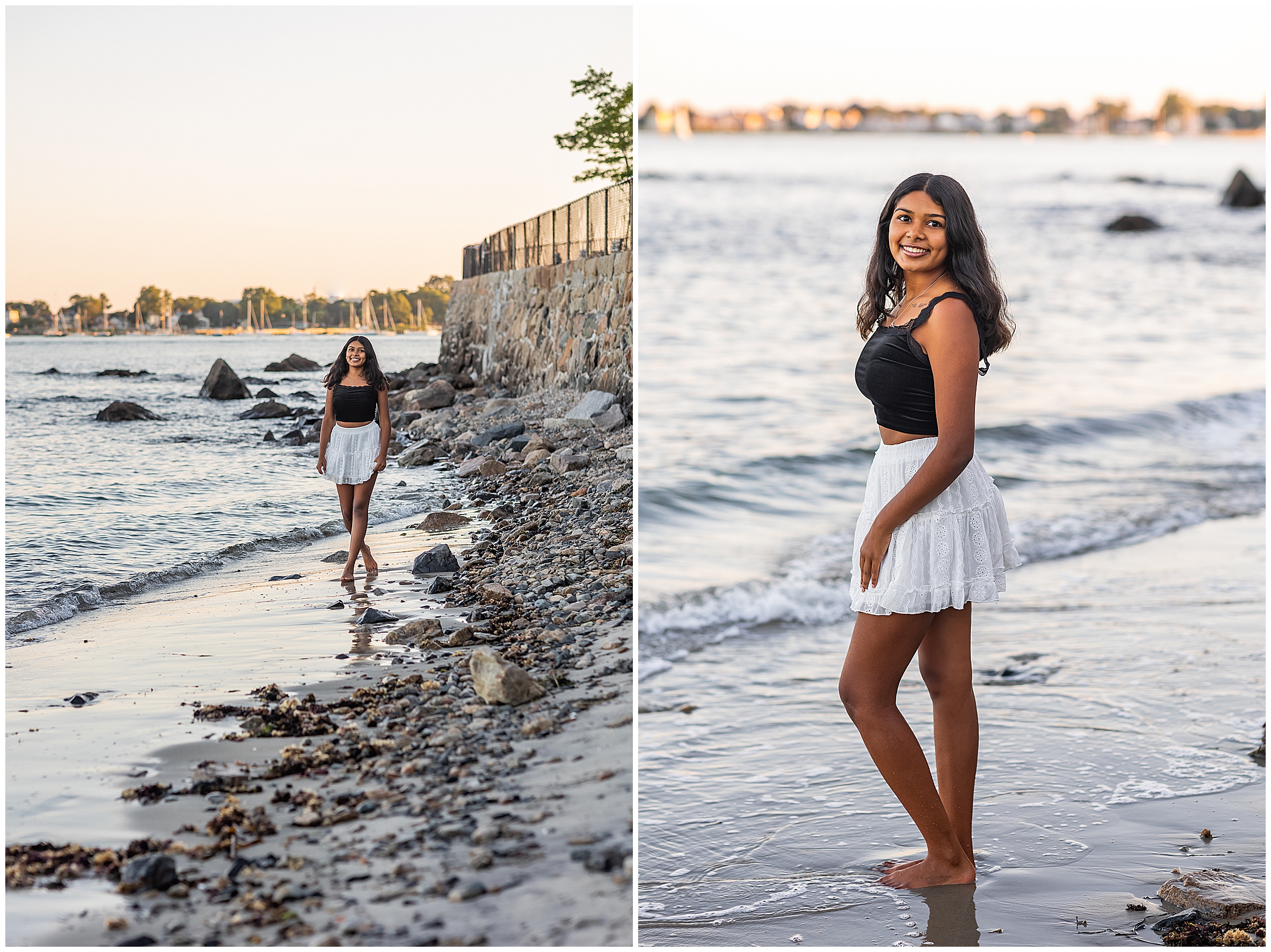 A girl in a black top and white skirt walks on the beach